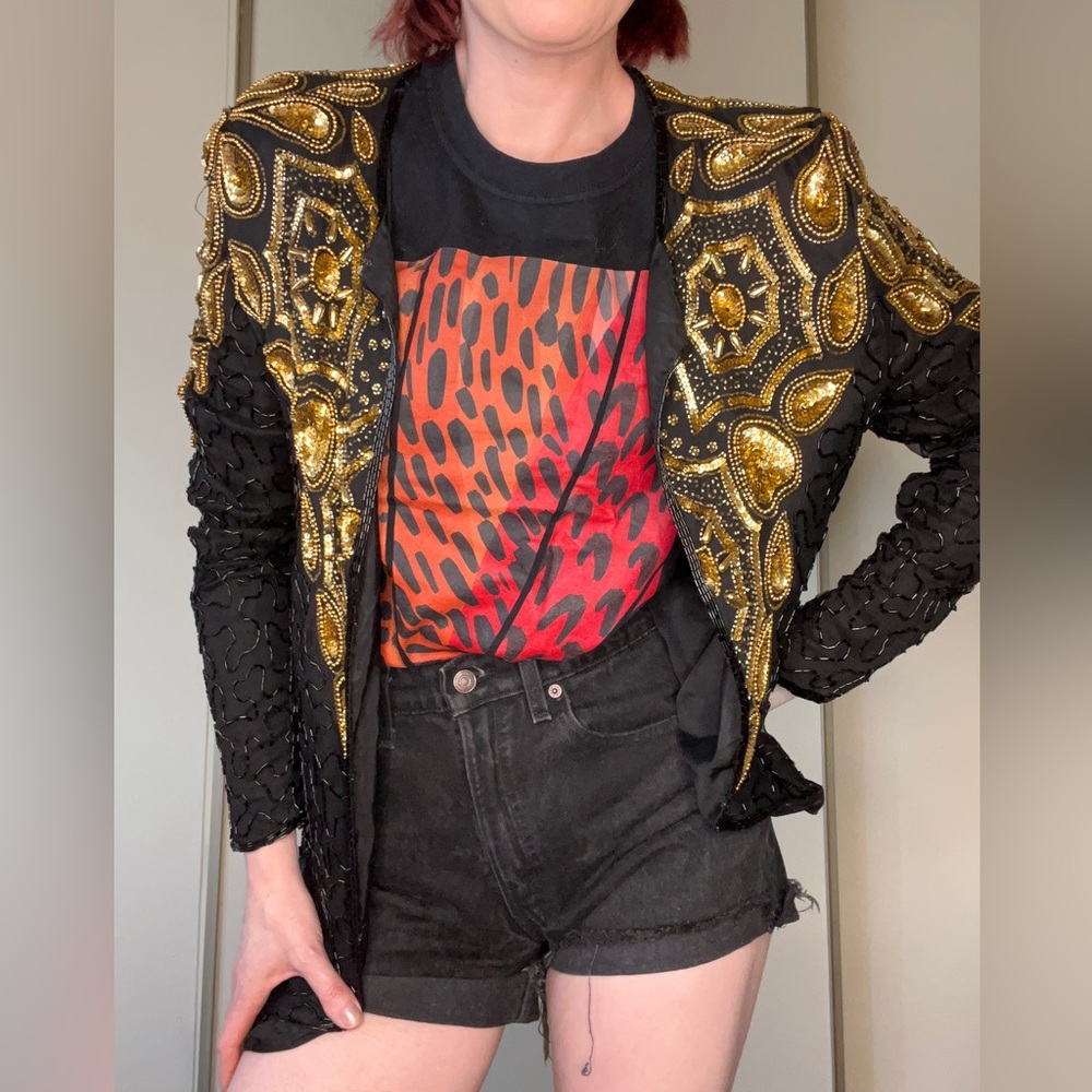 Sequin beaded vintage black and gold cardigan